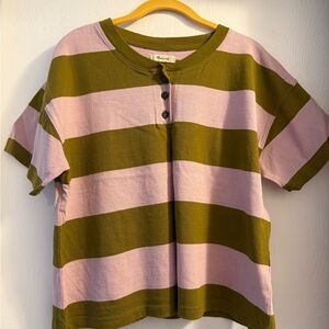 EUC Madewell Lavender & Olive Green Striped Short Sleeve Button Tee Size L